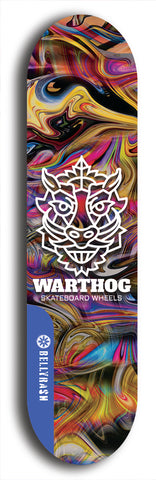 Skateboard deck: Limited edition, North American maple skateboard deck designed by underground artist BellyRash -- available in widths 7.5 to 8.5 inches in both mellow concave and steep concave shapes. Artwork: WARTHOG brand popsicle-shaped skateboard deck with WARTHOG logo broken into multiple colors and shades