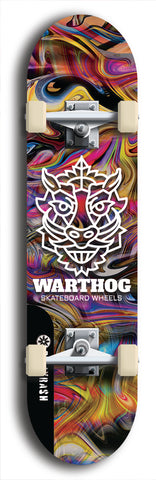 Skateboard deck: Limited edition, North American maple skateboard deck designed by underground artist BellyRash -- available in widths 7.5 to 8.5 inches in both mellow concave and steep concave shapes. Artwork: WARTHOG brand popsicle-shaped skateboard deck with WARTHOG logo broken into multiple colors and shades