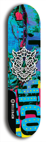 Skateboard deck: Limited edition, North American maple skateboard deck designed by underground artist BellyRash -- available in widths 7.5 to 8.5 inches in both mellow concave and steep concave shapes. Artwork: WARTHOG brand popsicle-shaped skateboard deck with WARTHOG logo broken into multiple colors and shades