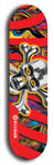 North American maple skateboard deck designed by underground artist BellyRash -- available in widths between 7.5 to 8.5 inches in both mellow concave and steep concave shapes. Artwork: Chrome skull and crossbones on a multiple-colored red zebra stripes and fluid swirls. 