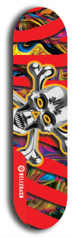 North American maple skateboard deck designed by underground artist BellyRash -- available in widths between 7.5 to 8.5 inches in both mellow concave and steep concave shapes. Artwork: Chrome skull and crossbones on a multiple-colored red zebra stripes and fluid swirls. 