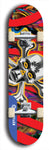 North American maple skateboard deck designed by underground artist BellyRash -- available in widths between 7.5 to 8.5 inches in both mellow concave and steep concave shapes. Artwork: Chrome skull and crossbones on a multiple-colored red zebra stripes and fluid swirls. 