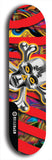 North American maple skateboard deck designed by underground artist BellyRash -- available in widths between 7.5 to 8.5 inches in both mellow concave and steep concave shapes. Artwork: Chrome skull and crossbones on a multiple-colored red zebra stripes and fluid swirls. 