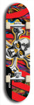 North American maple skateboard deck designed by underground artist BellyRash -- available in widths between 7.5 to 8.5 inches in both mellow concave and steep concave shapes. Artwork: Chrome skull and crossbones on a multiple-colored red zebra stripes and fluid swirls. 