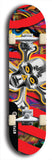 North American maple skateboard deck designed by underground artist BellyRash -- available in widths between 7.5 to 8.5 inches in both mellow concave and steep concave shapes. Artwork: Chrome skull and crossbones on a multiple-colored red zebra stripes and fluid swirls. 