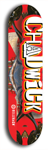 Limited edition, North American maple skateboard deck designed by underground artist BellyRash - available widths 7.5 to 8.5 inches in both mellow concave and steep concave shapes. Artwork: Chadwick brand popsicle-shaped with large Chadwick logo and red robot illustration with BellyRash red logo