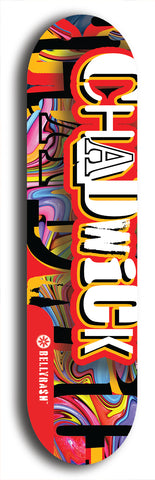 Limited edition, North American maple skateboard deck designed by underground artist BellyRash - available widths 7.5 to 8.5 inches in both mellow concave and steep concave shapes. Artwork: CHADWICK brand popsicle-shaped with large CHADWICK logo multi-colored patterned background