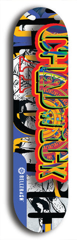 Limited edition, North American maple skateboard deck designed by underground artist BellyRash - available widths 7.5 to 8.5 inches in both mellow concave and steep concave shapes. Artwork: CHADWICK brand popsicle-shaped with large CHADWICK logo multi-colored patterned background