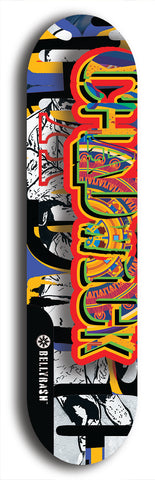 Limited edition, North American maple skateboard deck designed by underground artist BellyRash - available widths 7.5 to 8.5 inches in both mellow concave and steep concave shapes. Artwork: CHADWICK brand popsicle-shaped with large CHADWICK logo multi-colored patterned background