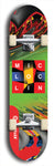 Limited edition, North American maple skateboard deck designed by underground artist BellyRash - available widths 7.5 to 8.5 inches in both mellow concave and steep concave shapes. Artwork: MIC LOC LIN brand popsicle-shaped with large MIC LOC LIN logo with a multi-colored patterned background