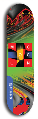 Limited edition, North American maple skateboard deck designed by underground artist BellyRash - available widths 7.5 to 8.5 inches in both mellow concave and steep concave shapes. Artwork: MIC LOC LIN brand popsicle-shaped with large MIC LOC LIN logo multi-colored patterned background