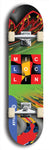 Limited edition, North American maple skateboard deck designed by underground artist BellyRash - available widths 7.5 to 8.5 inches in both mellow concave and steep concave shapes. Artwork: MIC LOC LIN brand popsicle-shaped with large MIC LOC LIN logo multi-colored patterned background