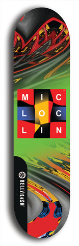 Limited edition, North American maple skateboard deck designed by underground artist BellyRash - available widths 7.5 to 8.5 inches in both mellow concave and steep concave shapes. Artwork: MIC LOC LIN brand popsicle-shaped with large MIC LOC LIN logo with a multi-colored patterned background