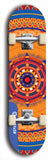 Skateboard deck: Limited edition, North American maple skateboard deck designed by underground artist BellyRash - available widths 7.5 to 8.5 inches in both mellow concave and steep concave shapes. Artwork: DHARMAMECHANIC logo brand popsicle-shaped deck 