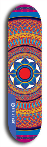 Skateboard deck: Limited edition, North American maple skateboard deck designed by underground artist BellyRash - available widths 7.5 to 8.5 inches in both mellow concave and steep concave shapes. Artwork: DHARMAMECHANIC logo brand popsicle-shaped deck 